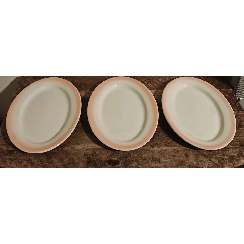 Set‎ Of 3 Vintage Caribe China USA Pink Sunset Airbrush Oval Platter Plates